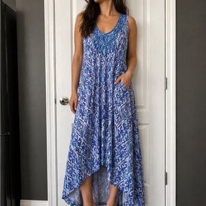 Sleeveless Blue Printed Asymmetrical Maxi Dress with Embroidered Neckline